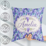 Custom Name Soft Blue Background Purple Wisteria Floral Blossoms Square Filled Cushion Throw Pillow Sofa Bed Home Decor Zip Washable UK Made