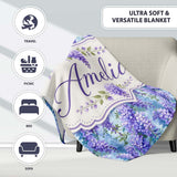 Soft Blue Background Purple Wisteria Floral Cascading Blossoms  Personalised Custom Name Super Soft Fleece Blanket Bed Sofa Throw
