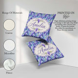 Custom Name Soft Blue Background Purple Wisteria Floral Blossoms Square Filled Cushion Throw Pillow Sofa Bed Home Decor Zip Washable UK Made