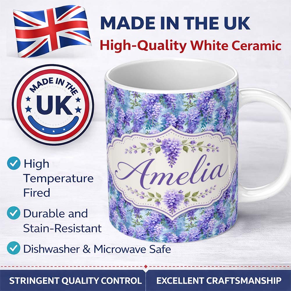 Personalized Custom Name Soft Blue Background Purple Wisteria Floral Cascading Blossoms 11oz Ceramic Coffee Tea Mug White Large Handle