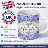 Personalized Custom Name Soft Blue Background Purple Wisteria Floral Cascading Blossoms 11oz Ceramic Coffee Tea Mug White Large Handle