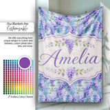 Soft Blue Background Purple Wisteria Floral Cascading Blossoms  Personalised Custom Name Super Soft Fleece Blanket Bed Sofa Throw