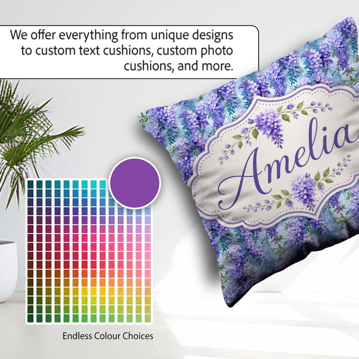 Custom Name Soft Blue Background Purple Wisteria Floral Blossoms Square Filled Cushion Throw Pillow Sofa Bed Home Decor Zip Washable UK Made