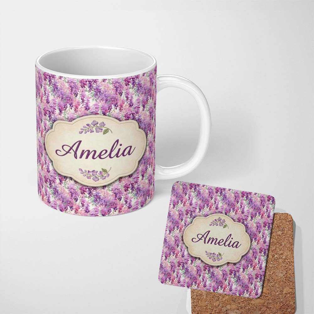 Personalized Custom Name Pink and Lilac Wisteria Hanging Flowers Elegant Seamless Pattern 11oz Ceramic Coffee Tea Mug White Large Handle