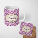 Personalized Custom Name Pink and Lilac Wisteria Hanging Flowers Elegant Seamless Pattern 11oz Ceramic Coffee Tea Mug White Large Handle