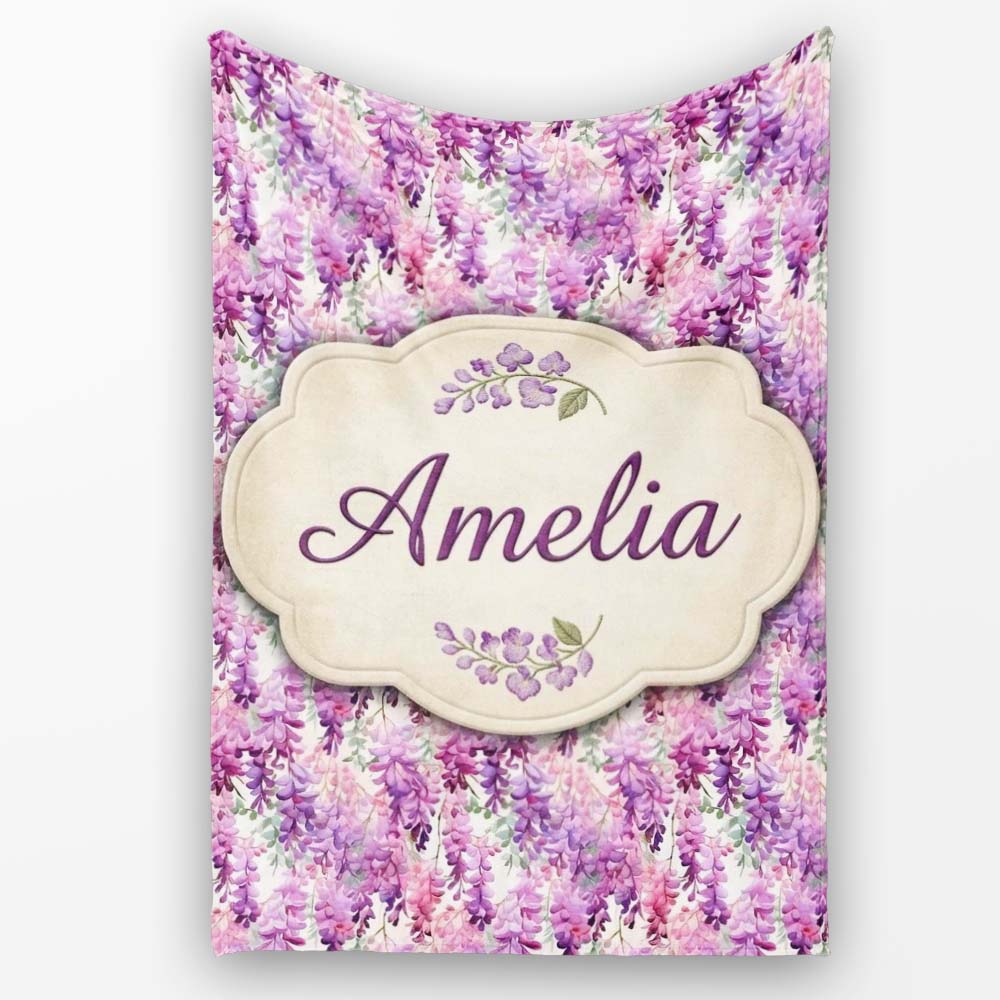 Pink and Lilac Wisteria Hanging Flowers Elegant Seamless Pattern  Personalised Custom Name Super Soft Fleece Blanket Bed Sofa Throw
