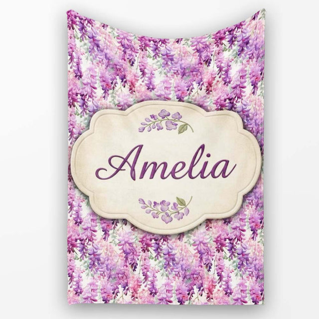 Pink and Lilac Wisteria Hanging Flowers Elegant Seamless Pattern  Personalised Custom Name Super Soft Fleece Blanket Bed Sofa Throw