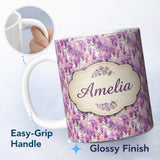 Personalized Custom Name Pink and Lilac Wisteria Hanging Flowers Elegant Seamless Pattern 11oz Ceramic Coffee Tea Mug White Large Handle