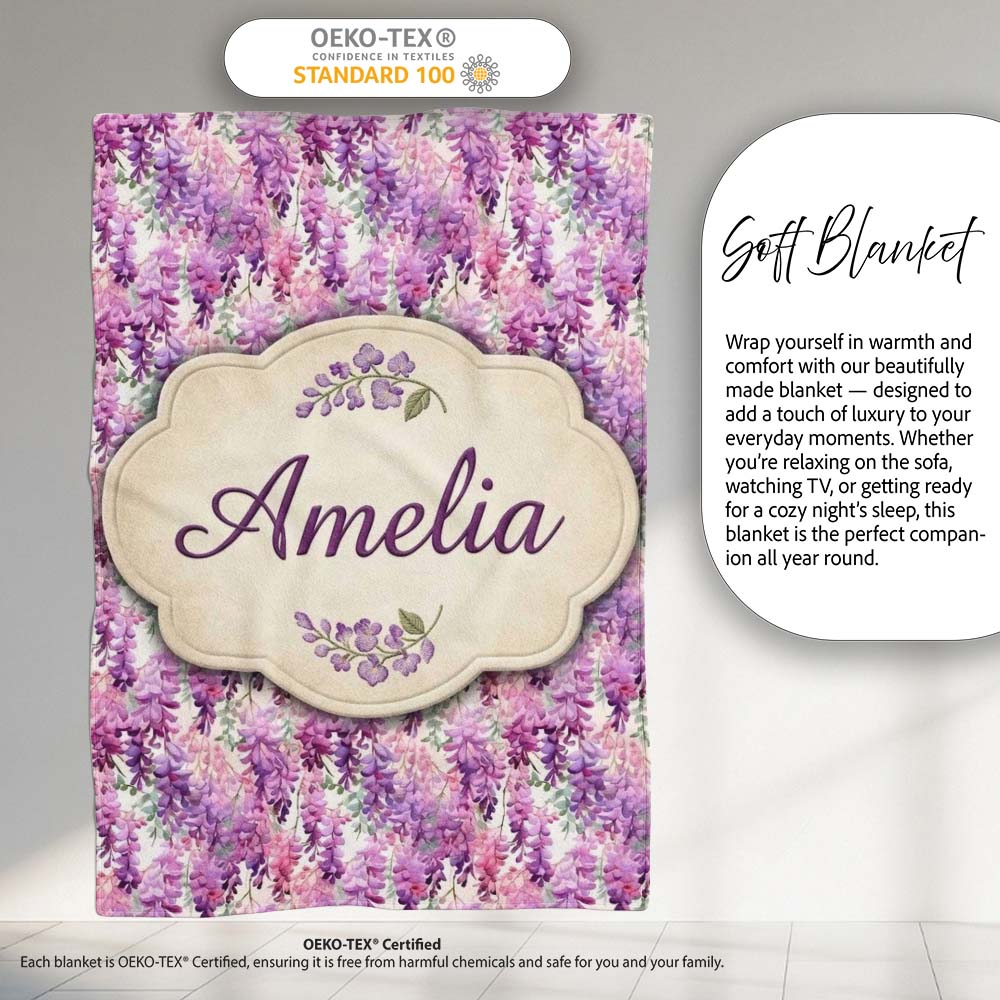 Pink and Lilac Wisteria Hanging Flowers Elegant Seamless Pattern  Personalised Custom Name Super Soft Fleece Blanket Bed Sofa Throw