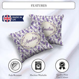Custom Name Light Grey Purple Wisteria Branches Minimal Seamless Square Filled Cushion Throw Pillow Sofa Bed Home Decor Zip Washable UK Made
