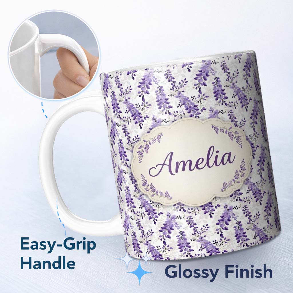 Personalized Custom Name Light Grey Background Purple Wisteria Branches Minimal Seamless 11oz Ceramic Coffee Tea Mug White Large Handle