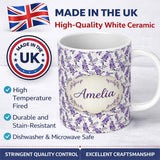 Personalized Custom Name Light Grey Background Purple Wisteria Branches Minimal Seamless 11oz Ceramic Coffee Tea Mug White Large Handle