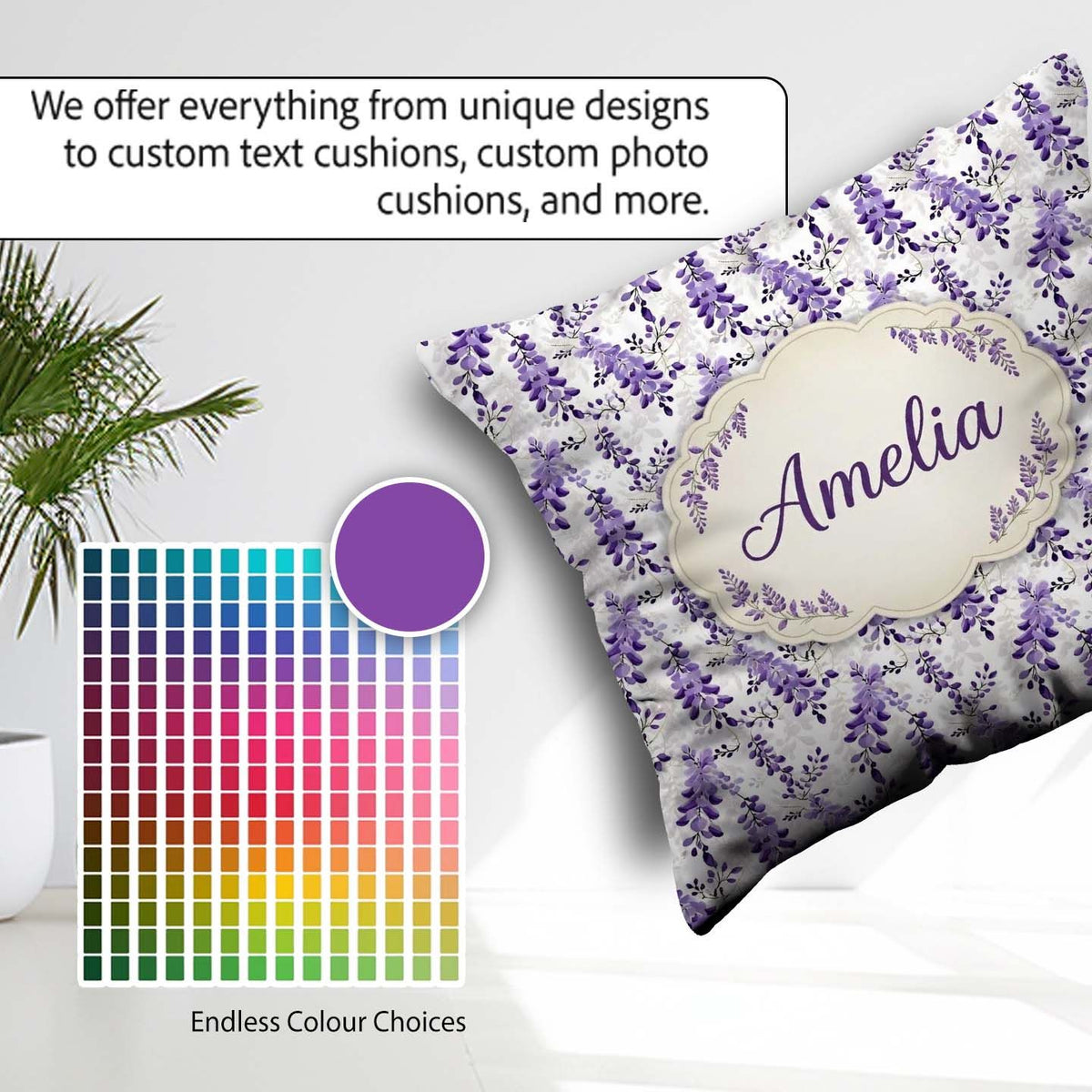 Custom Name Light Grey Purple Wisteria Branches Minimal Seamless Square Filled Cushion Throw Pillow Sofa Bed Home Decor Zip Washable UK Made