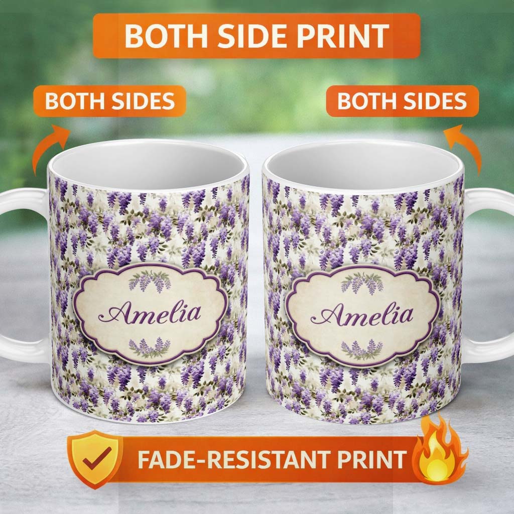 Personalized Custom Name Vintage Style Purple Wisteria Clusters with Leaves Seamless Pattern 11oz Ceramic Coffee Tea Mug White Large Handle