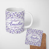 Personalized Custom Name Delicate Watercolor Purple Floral Stems Soft Botanical Seamless 11oz Ceramic Coffee Tea Mug White Large Handle
