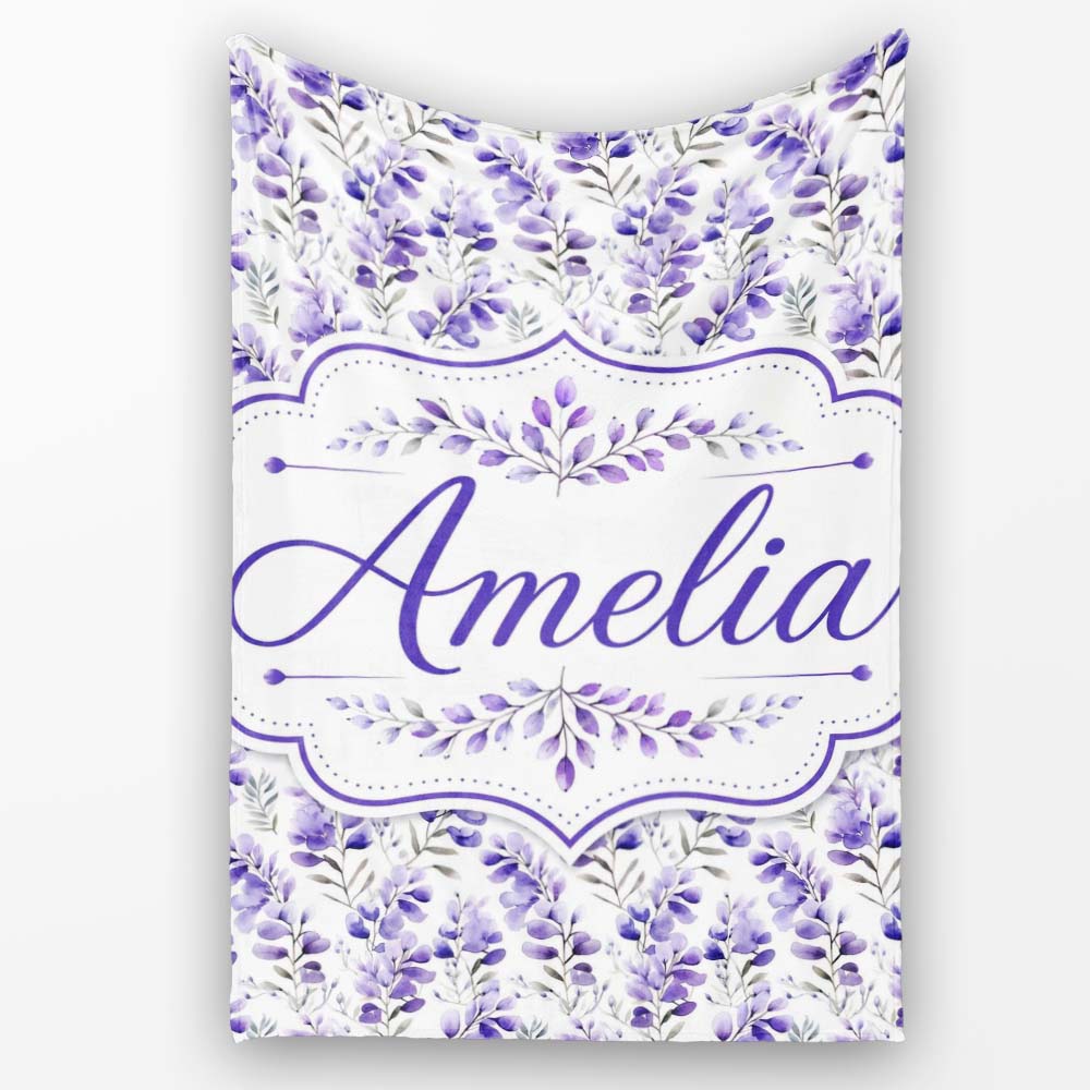 Delicate Watercolor Purple Floral Stems Soft Botanical Seamless  Personalised Custom Name Super Soft Fleece Blanket Bed Sofa Throw