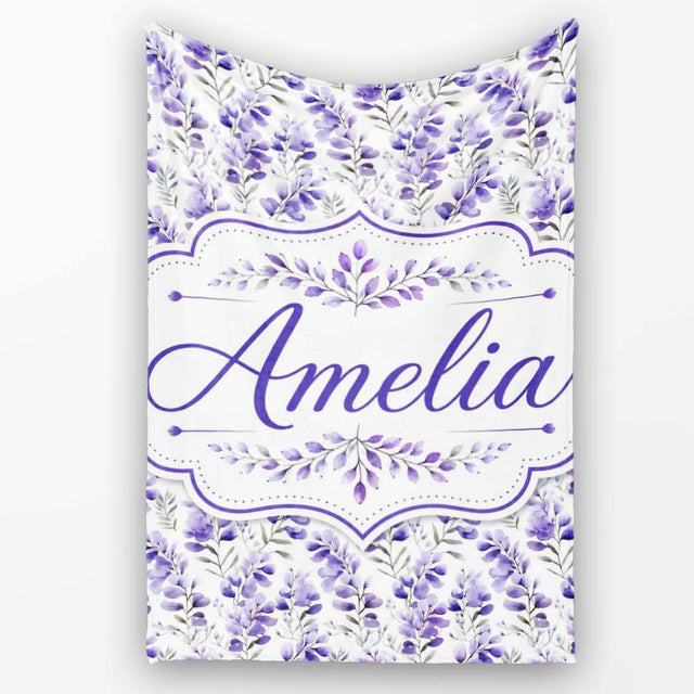 Delicate Watercolor Purple Floral Stems Soft Botanical Seamless  Personalised Custom Name Super Soft Fleece Blanket Bed Sofa Throw