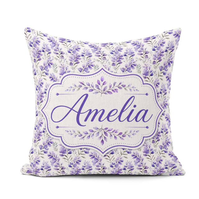 Custom Name Delicate Purple Floral Stems Soft Botanical Seamless Square Filled Cushion Throw Pillow Sofa Bed Home Decor Zip Washable UK Made