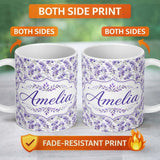 Personalized Custom Name Delicate Watercolor Purple Floral Stems Soft Botanical Seamless 11oz Ceramic Coffee Tea Mug White Large Handle
