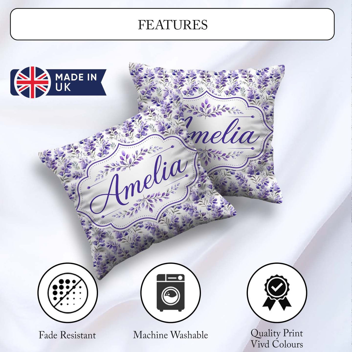 Custom Name Delicate Purple Floral Stems Soft Botanical Seamless Square Filled Cushion Throw Pillow Sofa Bed Home Decor Zip Washable UK Made