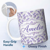 Personalized Custom Name Delicate Watercolor Purple Floral Stems Soft Botanical Seamless 11oz Ceramic Coffee Tea Mug White Large Handle