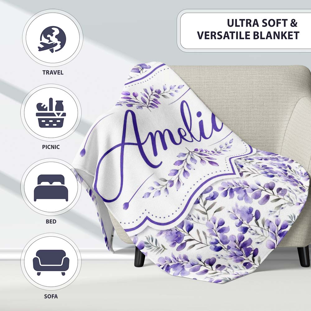 Delicate Watercolor Purple Floral Stems Soft Botanical Seamless  Personalised Custom Name Super Soft Fleece Blanket Bed Sofa Throw