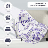 Delicate Watercolor Purple Floral Stems Soft Botanical Seamless  Personalised Custom Name Super Soft Fleece Blanket Bed Sofa Throw