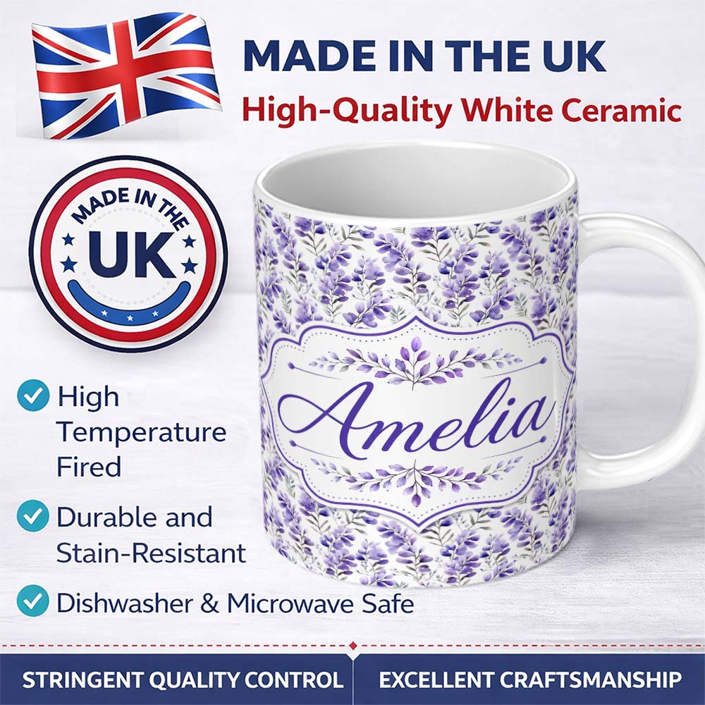 Personalized Custom Name Delicate Watercolor Purple Floral Stems Soft Botanical Seamless 11oz Ceramic Coffee Tea Mug White Large Handle