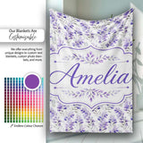 Delicate Watercolor Purple Floral Stems Soft Botanical Seamless  Personalised Custom Name Super Soft Fleece Blanket Bed Sofa Throw