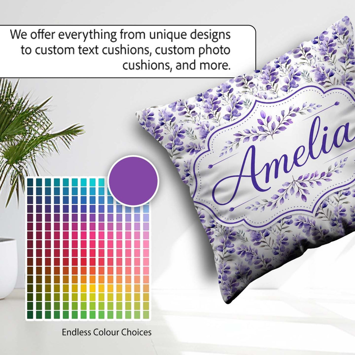 Custom Name Delicate Purple Floral Stems Soft Botanical Seamless Square Filled Cushion Throw Pillow Sofa Bed Home Decor Zip Washable UK Made