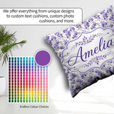 Custom Name Delicate Purple Floral Stems Soft Botanical Seamless Square Filled Cushion Throw Pillow Sofa Bed Home Decor Zip Washable UK Made