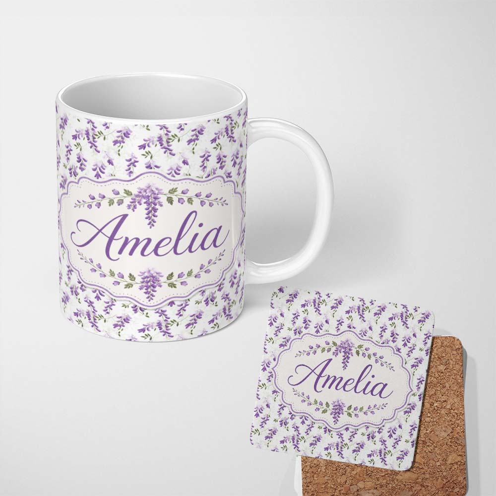 Personalized Custom Name Subtle Lavender Hanging Blossoms on Pale Background Seamless 11oz Ceramic Coffee Tea Mug White Large Handle