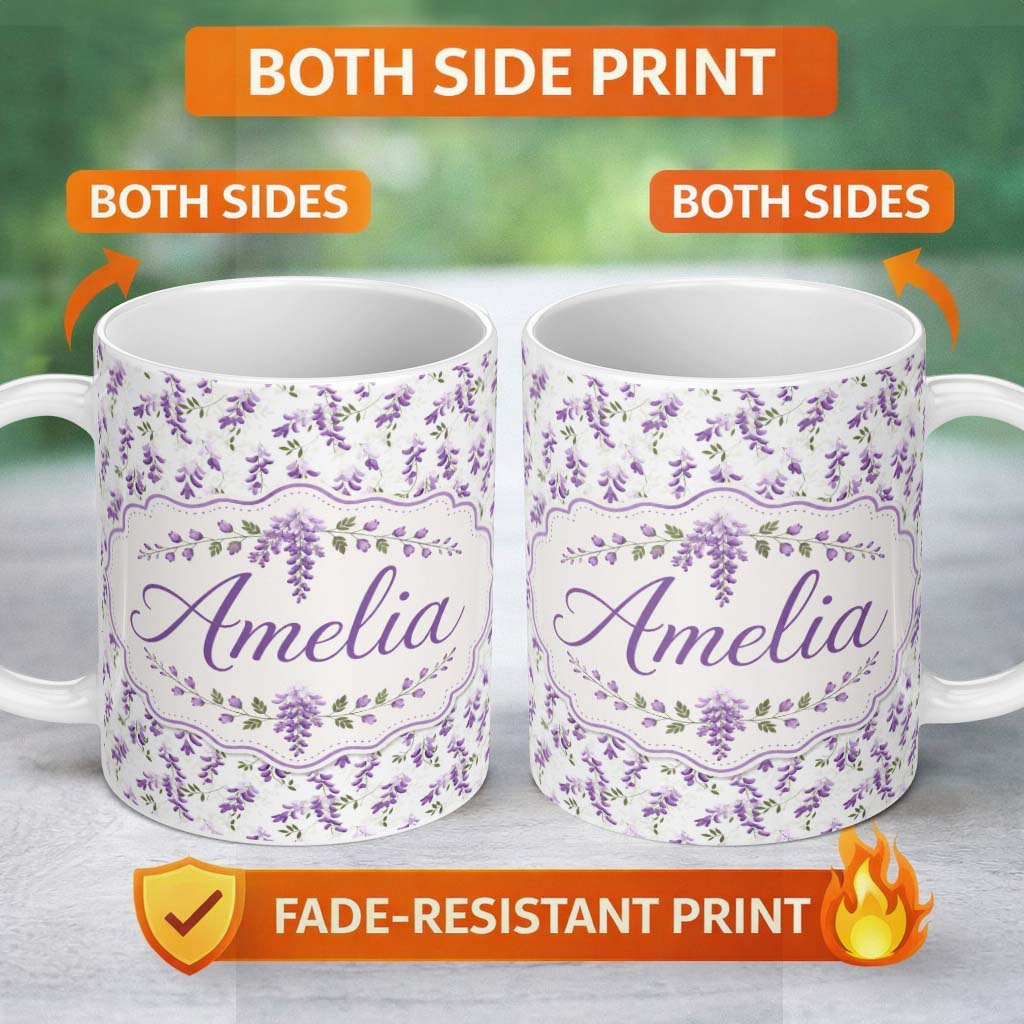 Personalized Custom Name Subtle Lavender Hanging Blossoms on Pale Background Seamless 11oz Ceramic Coffee Tea Mug White Large Handle