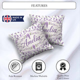 Custom Name Subtle Lavender Blossoms on Pale Background Seamless Square Filled Cushion Throw Pillow Sofa Bed Home Decor Zip Washable UK Made