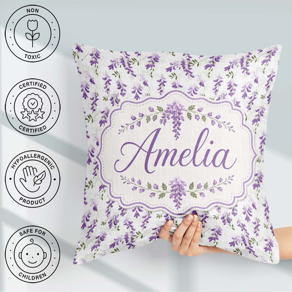 Custom Name Subtle Lavender Blossoms on Pale Background Seamless Square Filled Cushion Throw Pillow Sofa Bed Home Decor Zip Washable UK Made