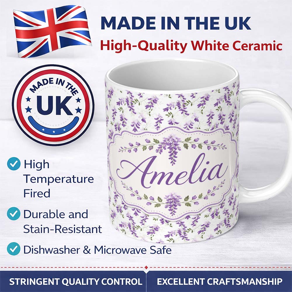 Personalized Custom Name Subtle Lavender Hanging Blossoms on Pale Background Seamless 11oz Ceramic Coffee Tea Mug White Large Handle