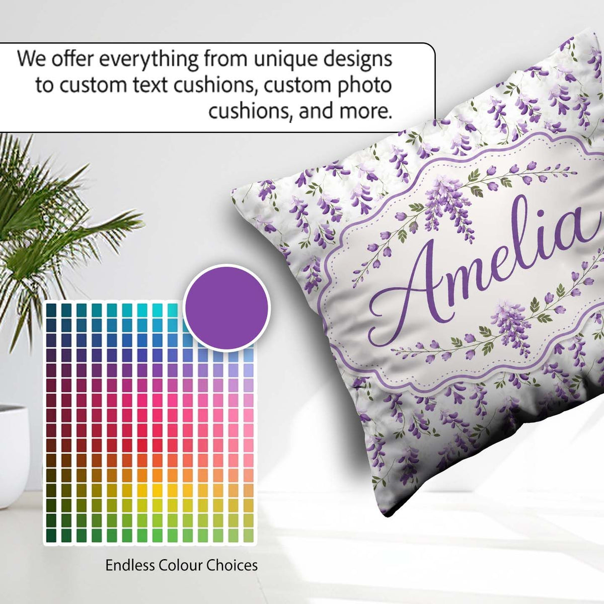 Custom Name Subtle Lavender Blossoms on Pale Background Seamless Square Filled Cushion Throw Pillow Sofa Bed Home Decor Zip Washable UK Made