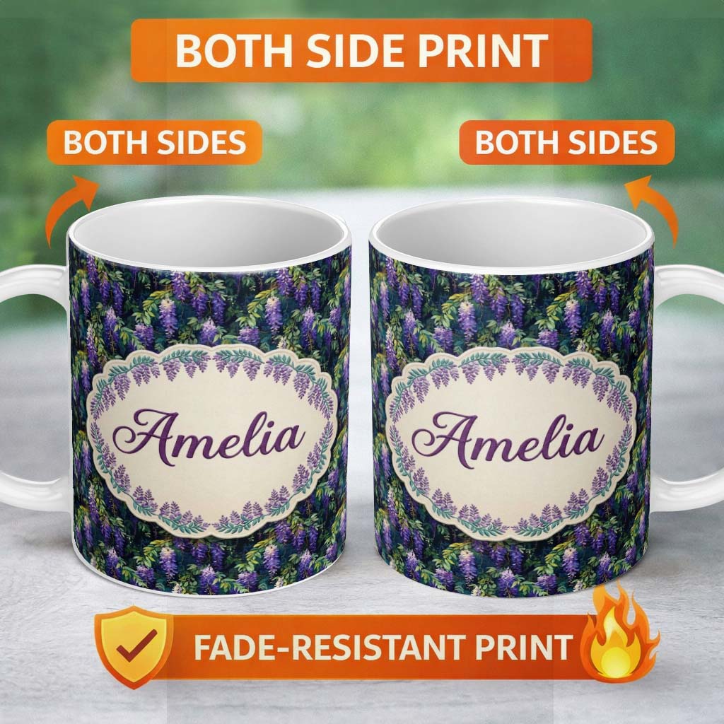 Personalized Custom Name Dark Botanical Wisteria with Green Leaves Rich Seamless Pattern 11oz Ceramic Coffee Tea Mug White Large Handle