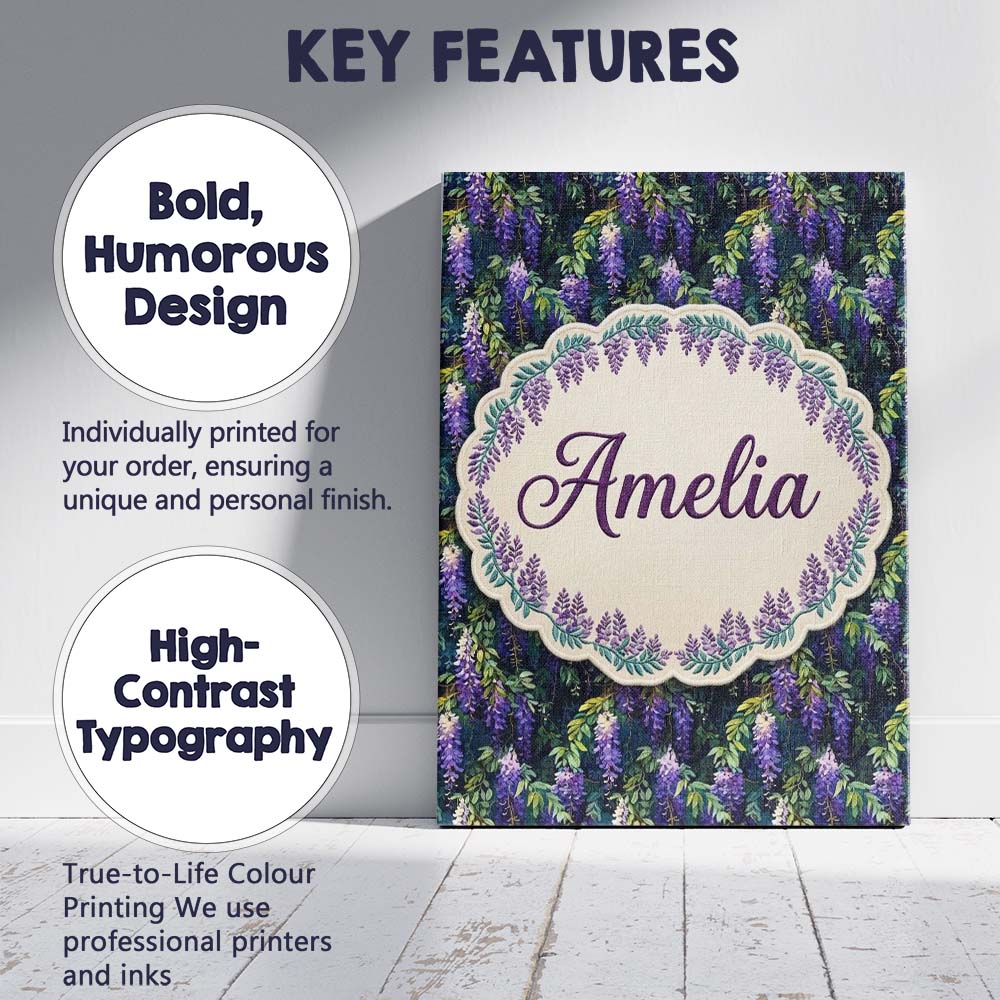 Personalised Name Dark Botanical Wisteria Custom  Unique Gift Idea Elegant Feature Canvas Wall Art Print Decor Picture Ready to Hang