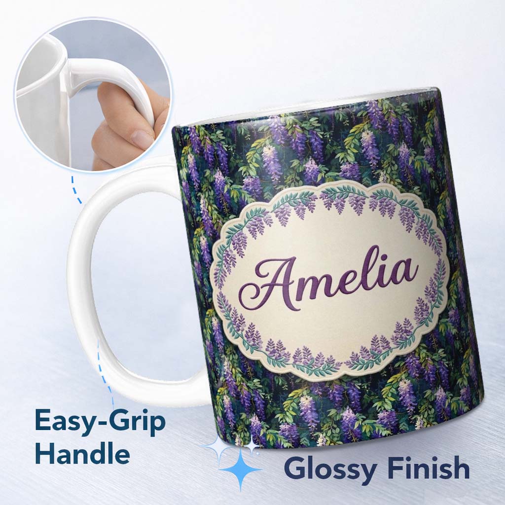 Personalized Custom Name Dark Botanical Wisteria with Green Leaves Rich Seamless Pattern 11oz Ceramic Coffee Tea Mug White Large Handle