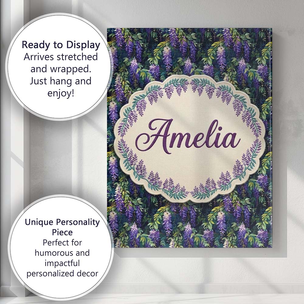 Personalised Name Dark Botanical Wisteria Custom  Unique Gift Idea Elegant Feature Canvas Wall Art Print Decor Picture Ready to Hang