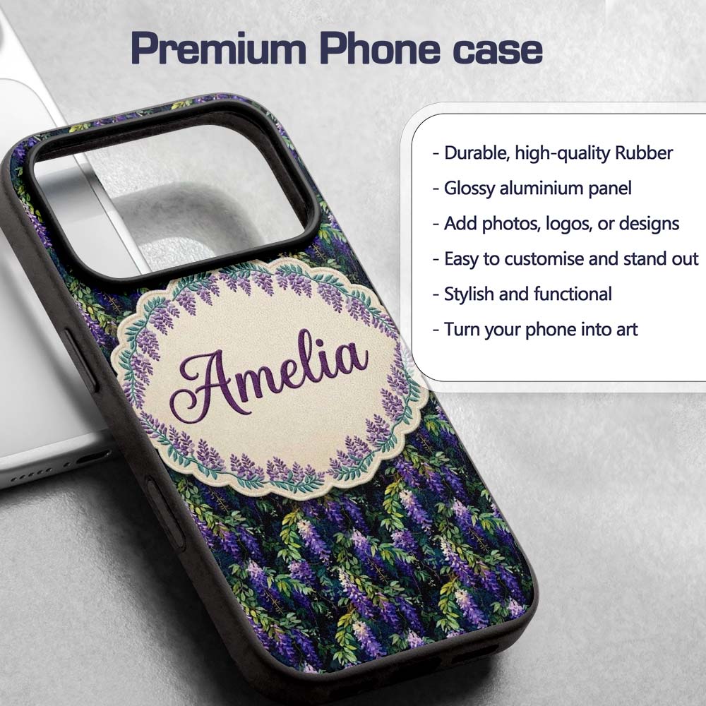 Dark Botanical Wisteria with Green Leaves Rich Custom Name Protective Phone Case Mobile Cover Durable Everyday Smartphone Shock Resistant