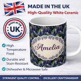 Personalized Custom Name Dark Botanical Wisteria with Green Leaves Rich Seamless Pattern 11oz Ceramic Coffee Tea Mug White Large Handle