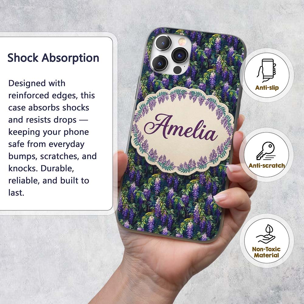Dark Botanical Wisteria with Green Leaves Rich Custom Name Protective Phone Case Mobile Cover Durable Everyday Smartphone Shock Resistant