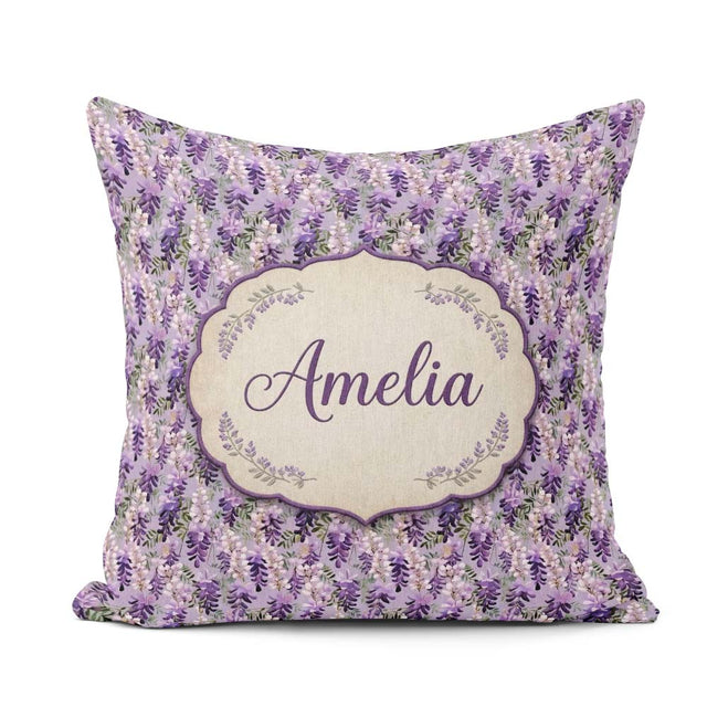 Custom Name Muted Purple Wisteria Branches Soft Elegant Seamless Square Filled Cushion Throw Pillow Sofa Bed Home Decor Zip Washable UK Made