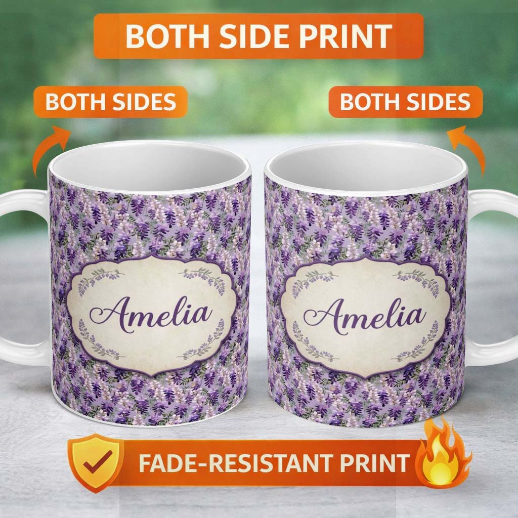 Personalized Custom Name Muted Purple Wisteria Floral Branches Soft Elegant Seamless Pattern 11oz Ceramic Coffee Tea Mug White Large Handle
