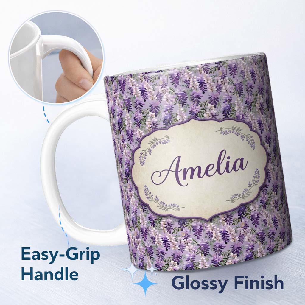 Personalized Custom Name Muted Purple Wisteria Floral Branches Soft Elegant Seamless Pattern 11oz Ceramic Coffee Tea Mug White Large Handle