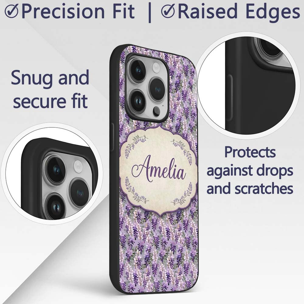 Muted Purple Wisteria Floral Decorative Design Custom Name Protective Phone Case Mobile Cover Durable Everyday Smartphone Shock Resistant
