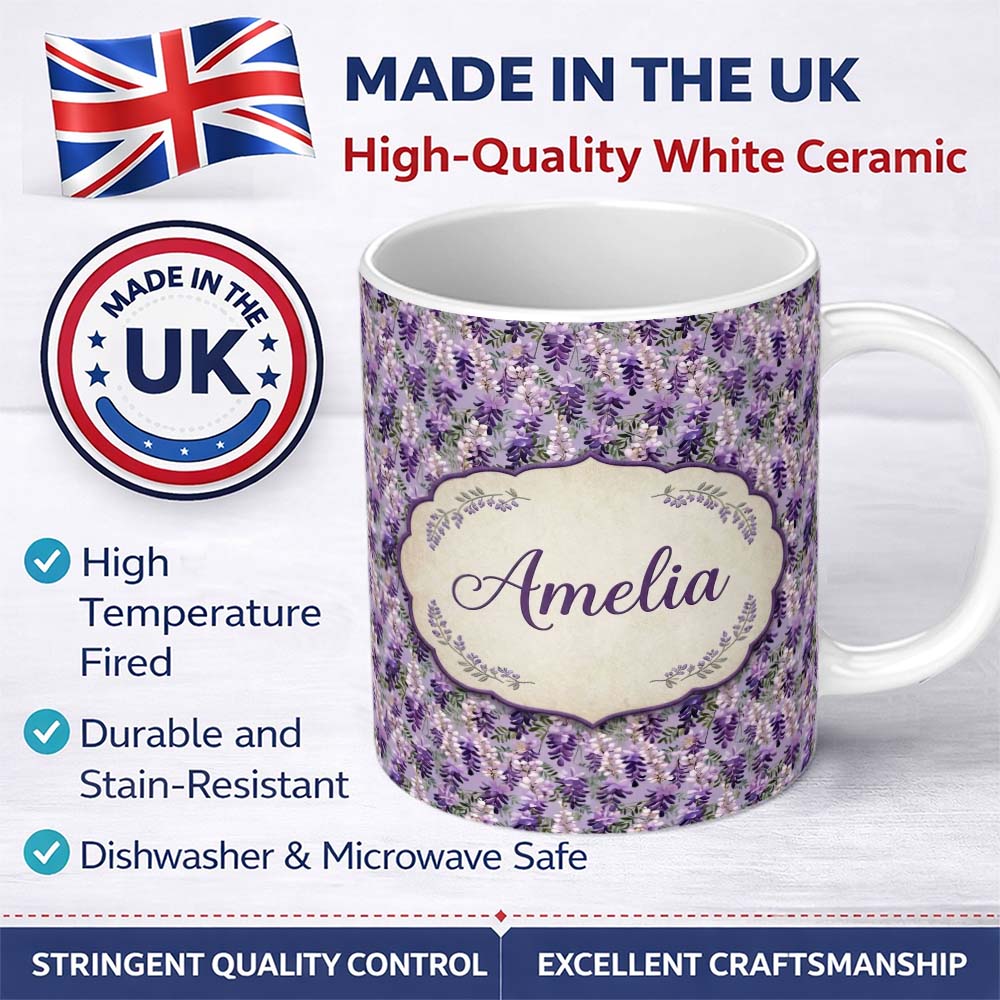 Personalized Custom Name Muted Purple Wisteria Floral Branches Soft Elegant Seamless Pattern 11oz Ceramic Coffee Tea Mug White Large Handle