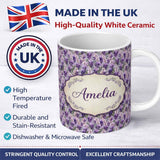 Personalized Custom Name Muted Purple Wisteria Floral Branches Soft Elegant Seamless Pattern 11oz Ceramic Coffee Tea Mug White Large Handle